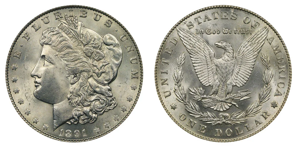 1891-CC Morgan silver dollar obverse and reverse showing the CC mint mark