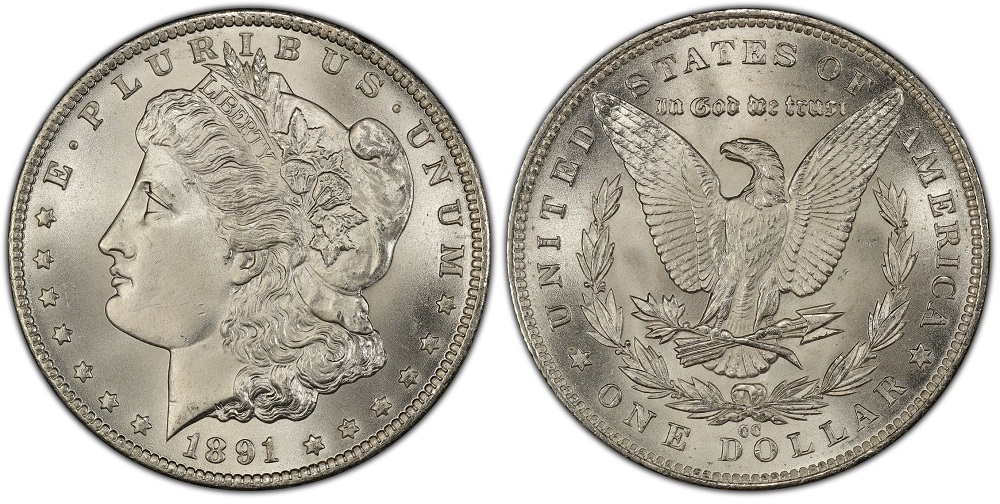 Side-by-side comparison: normal 1891-CC Morgan dollar reverse vs Spitting Eagle VAM-3 variety showing die chip near eagle's beak
