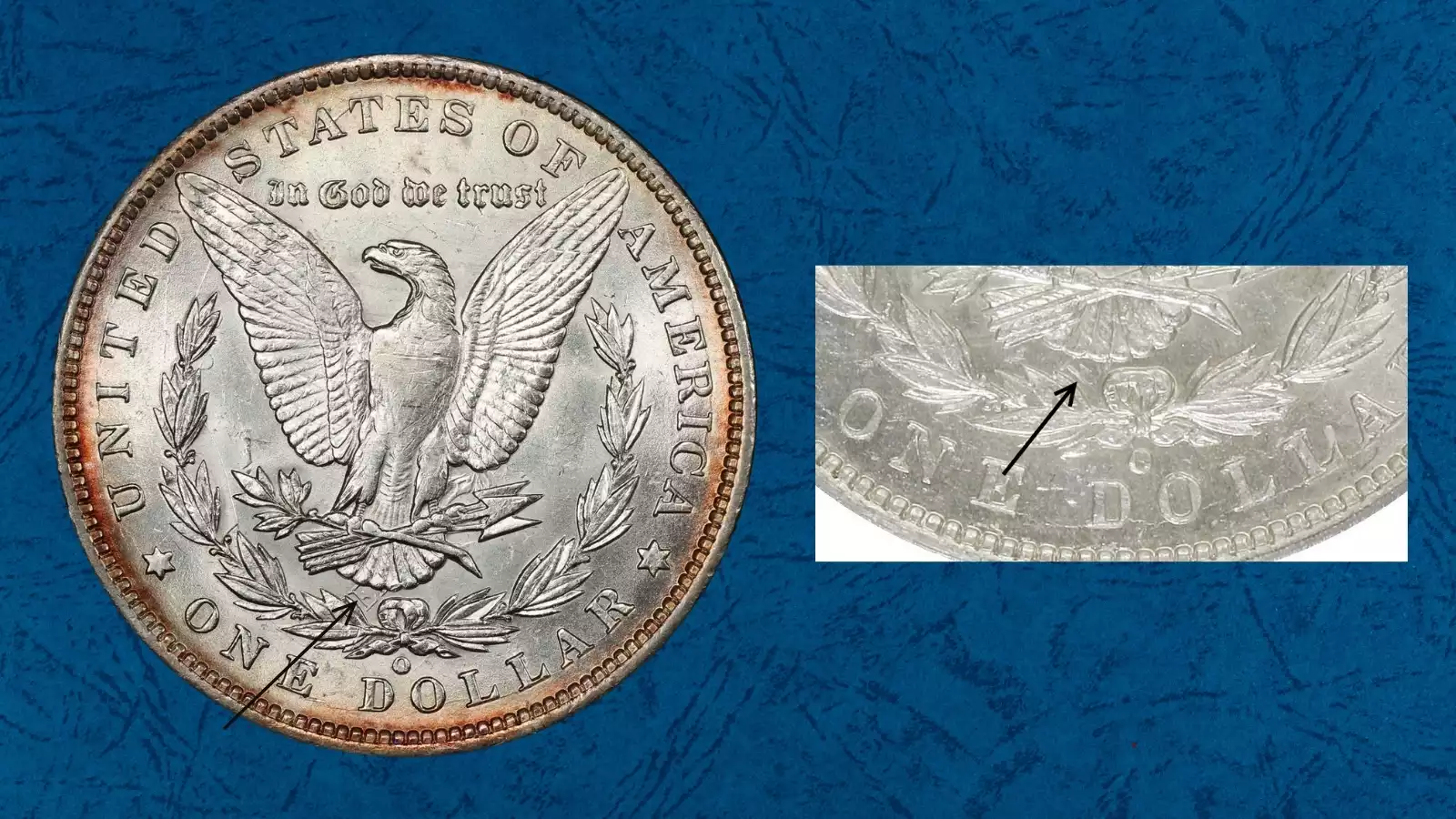 1891-O Morgan dollar Clashed E VAM-1A1 reverse showing raised E letter below eagle's tail feathers