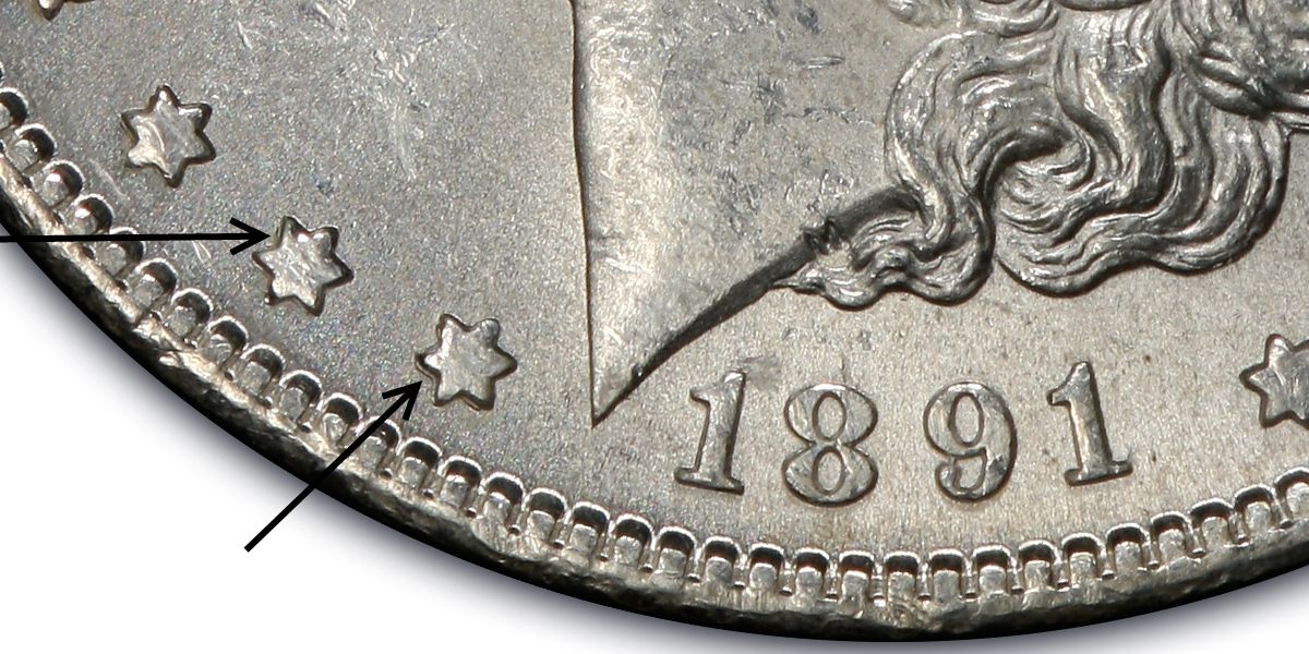 1891-S Morgan dollar Doubled Stars VAM-3 obverse showing doubled stars on the left side near the date