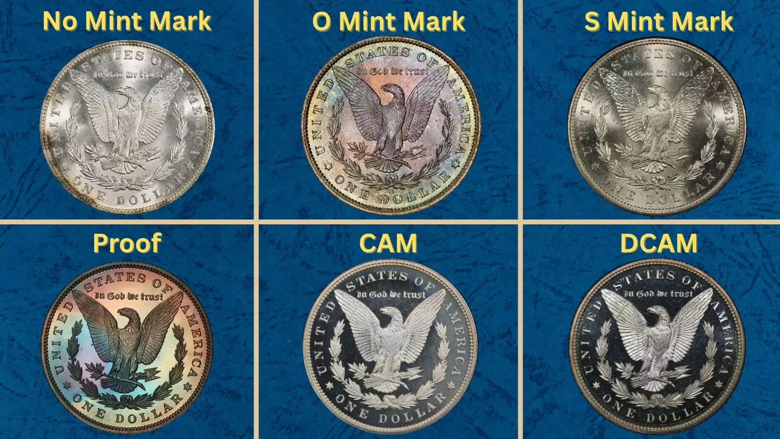 Group of four 1891 Morgan silver dollars showing all mint marks: no mark (Philadelphia), CC (Carson City), O (New Orleans), S (San Francisco)