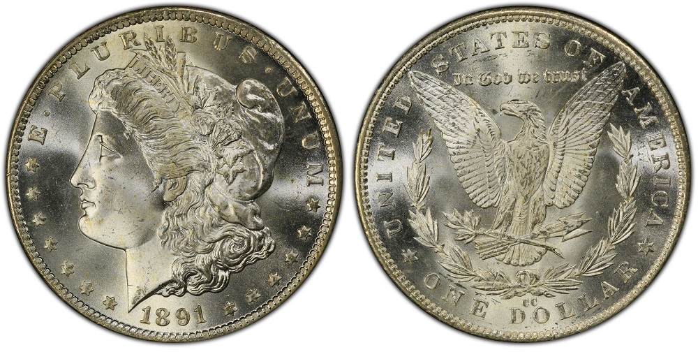 Grading strip showing 1891 Morgan silver dollar at four condition tiers: worn, circulated, uncirculated, and gem mint state